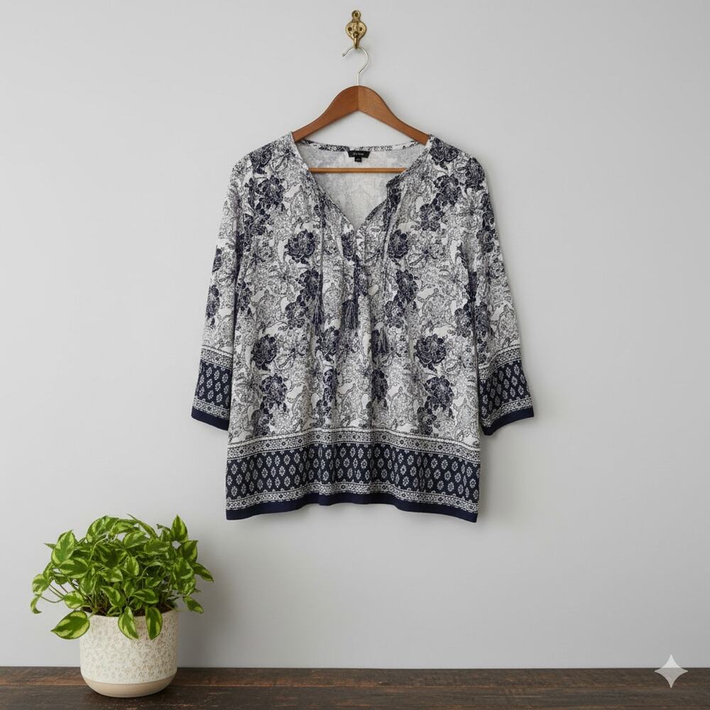 Talbots Women’s 3/4 Sleeve Floral Top Navy & White Size Large